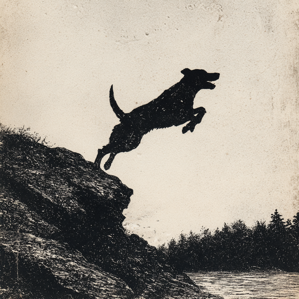 A dog leaping from a cliff — the underdog spirit